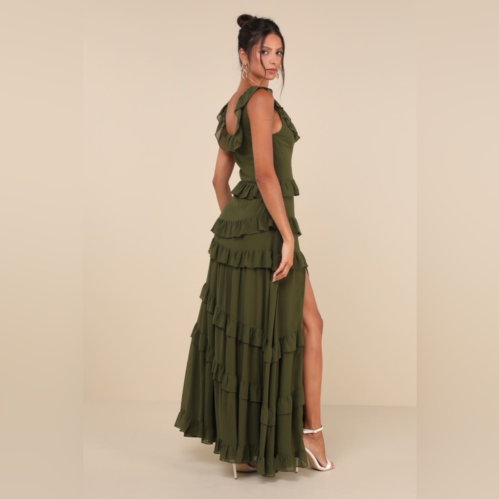 NWT Lulus Compelling Romantic Olive Green Ruffled Tiered Maxi Dress - Picture 2 of 6